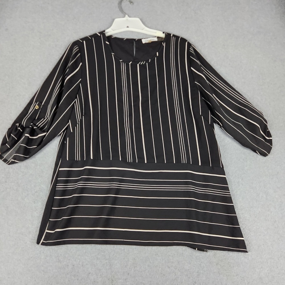 Calvin Klein Tunic Top Womens L Black White Striped Roll Tab Sleeve Round Neck